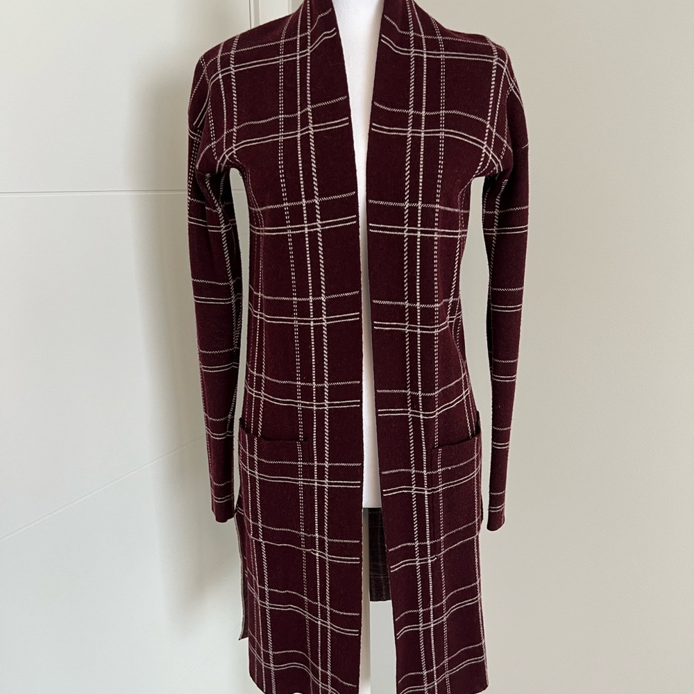 RW&Co Plaid Burgundy Duster Jacket Open Front Sweater Ladies Size XXS